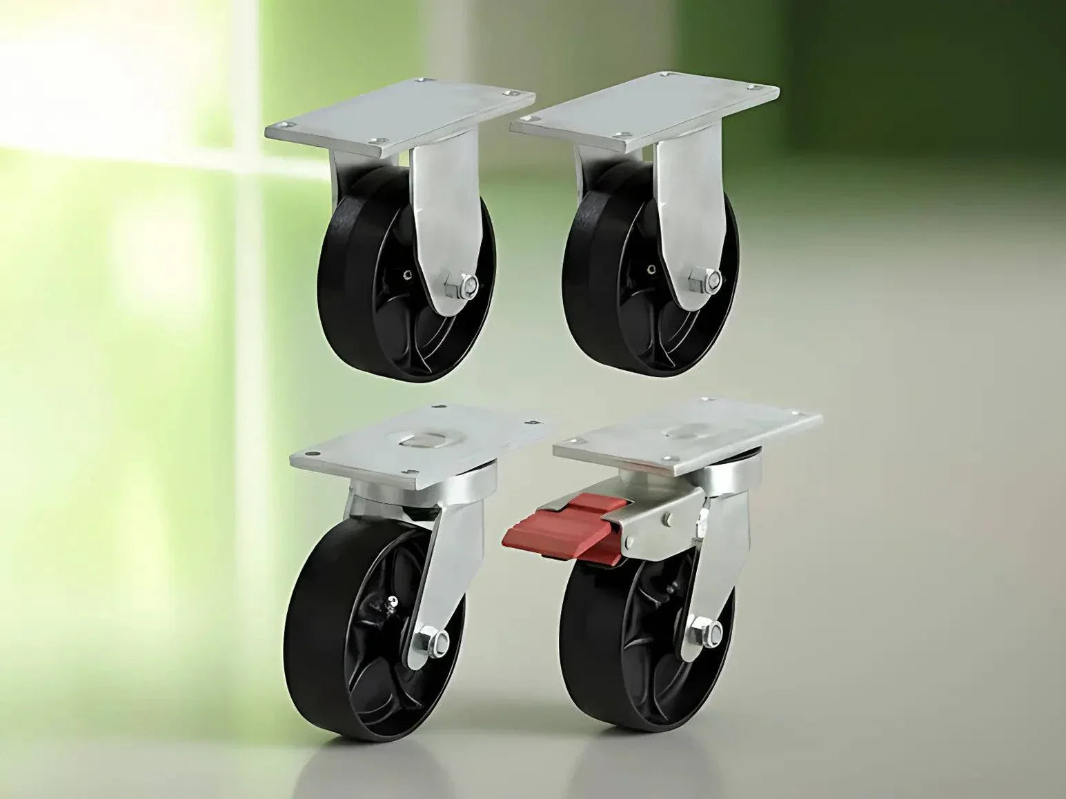 Waste bin castor set with SG iron wheels including 2 fixed, 1 swivel, and 1 locking castor for heavy-duty use