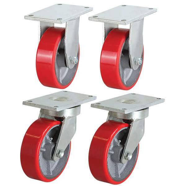Heavy Duty Waste Bin castor set with red poly tyred cast iron wheels for skip bins and recycling equipment