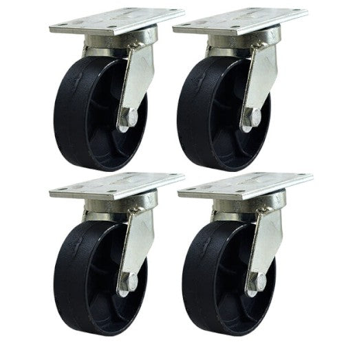 Set of 4 heavy-duty waste bin castors with 150mm SG iron swivel wheels for smooth 360° rotation and 2000kg load capacity